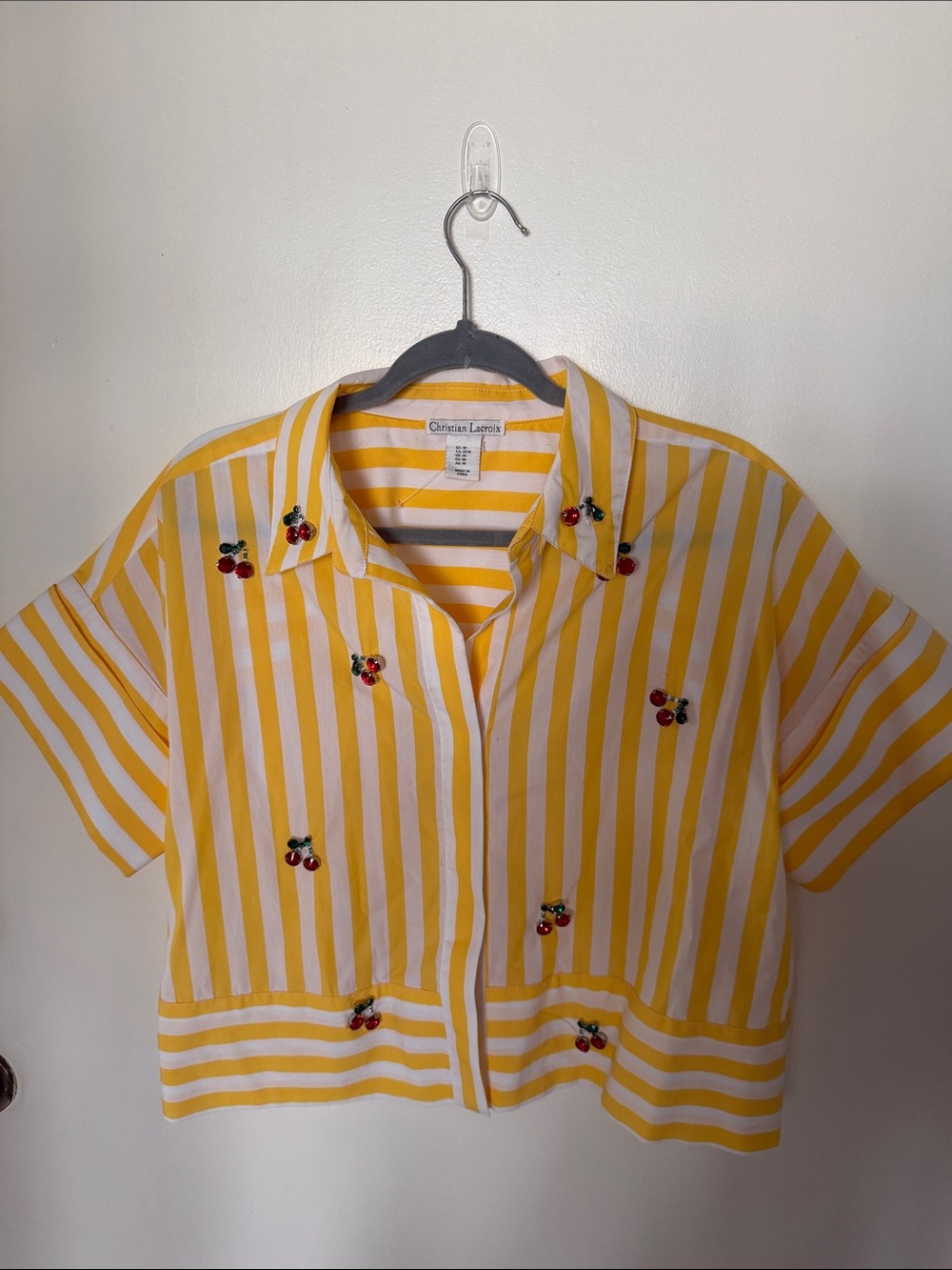 Christian Lacroix Women’s M Yellow Stripe Cherry-Embroidered Boxy Shirt
